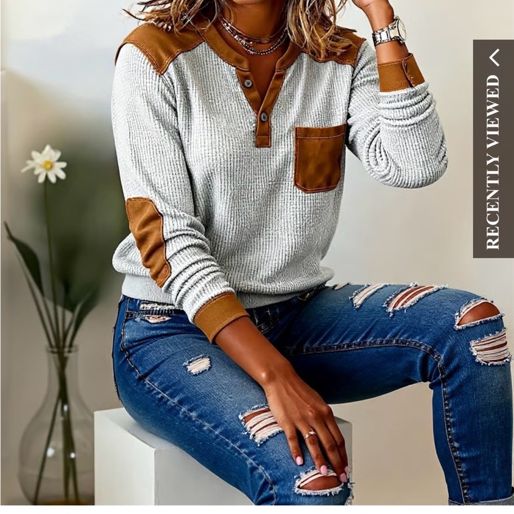 New Stylish Gray and Brown Henley Sweater